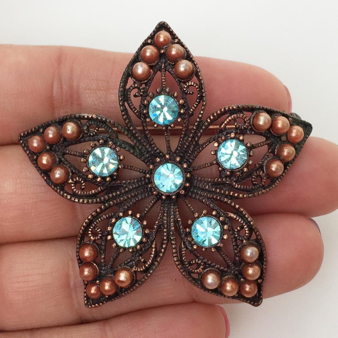 Copper bronze tone faux pearl crystals Flower brooch (1 of 3)