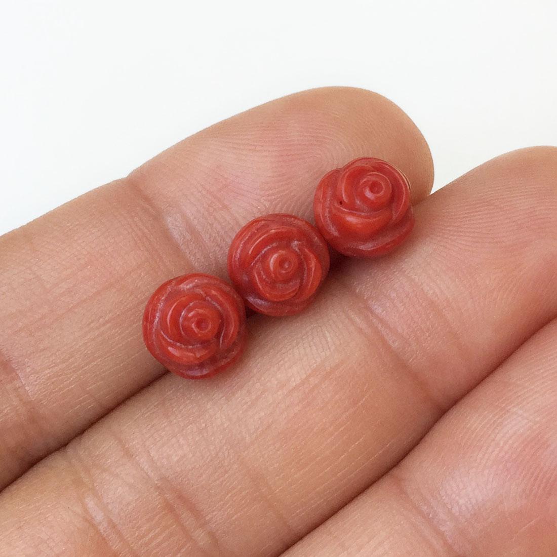 Lot of 3 carved genuine red coral Flower drilled 8 mm (1 of 5)