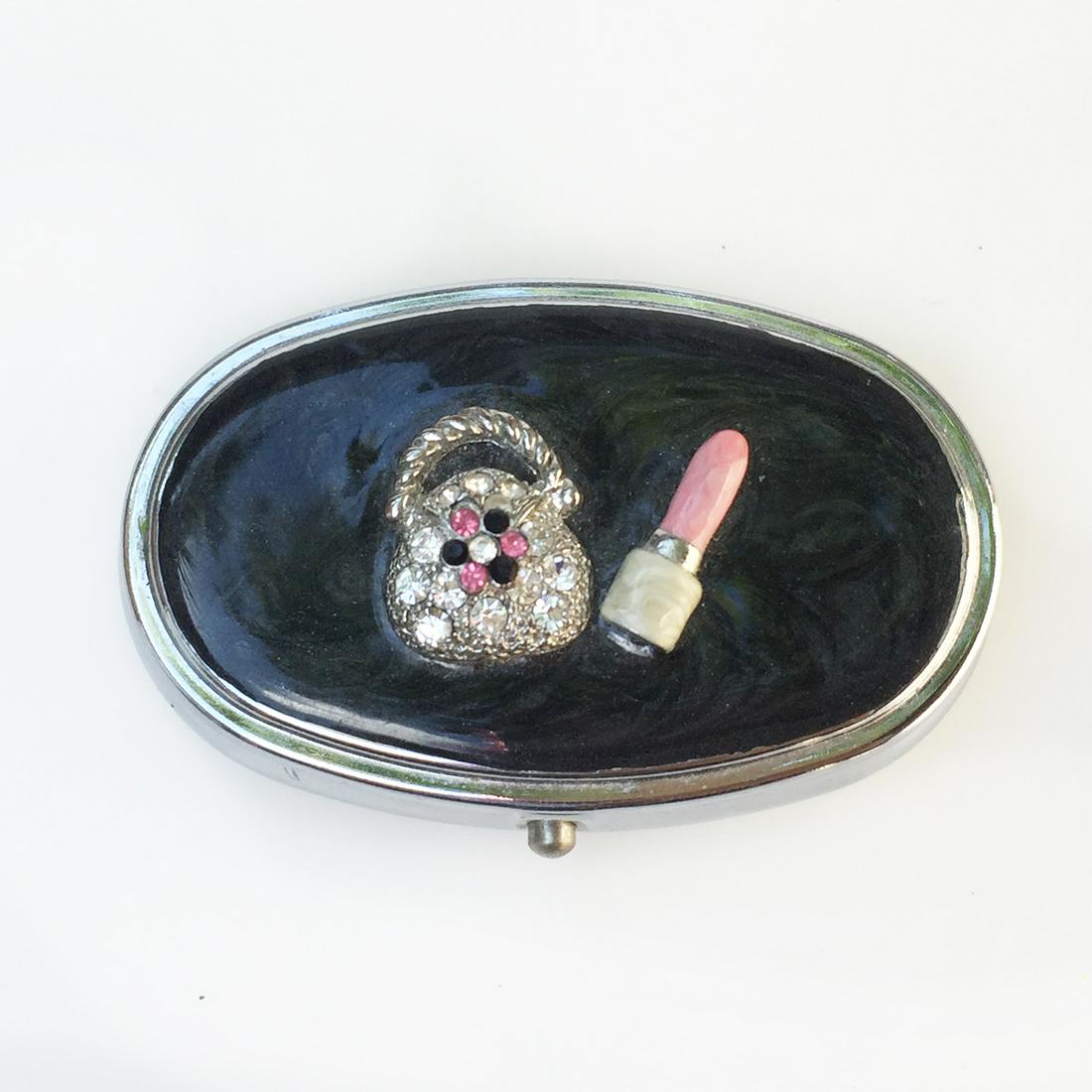 Silver tone crystals pink black enamel pill mint box (1 of 6)