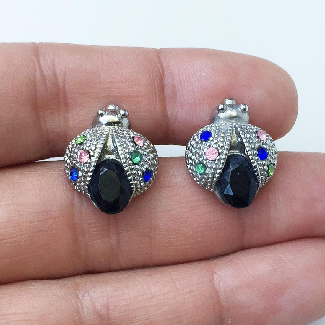 Silver tone multicolor crystals Ladybug cufflinks (1 of 8)