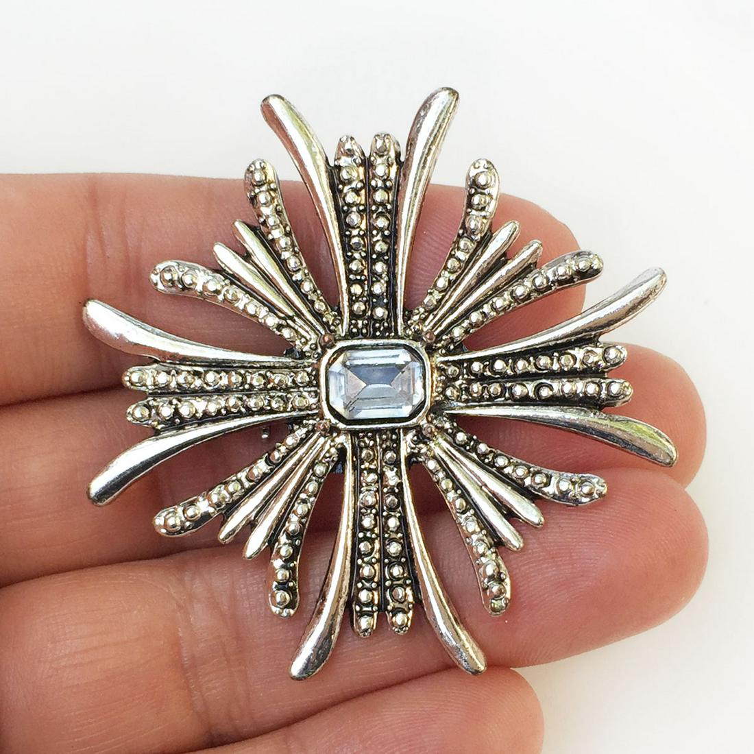 Silver tone textured crystal square spray shape brooch (1 of 3)