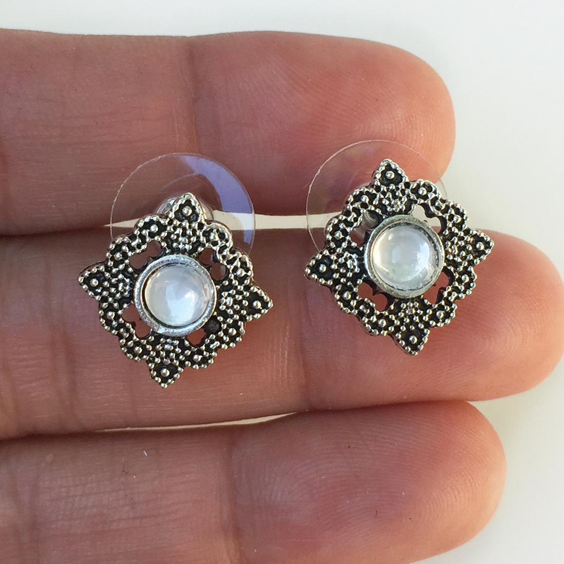 Silver tone Moonstone color cab square shape earrings (1 of 3)
