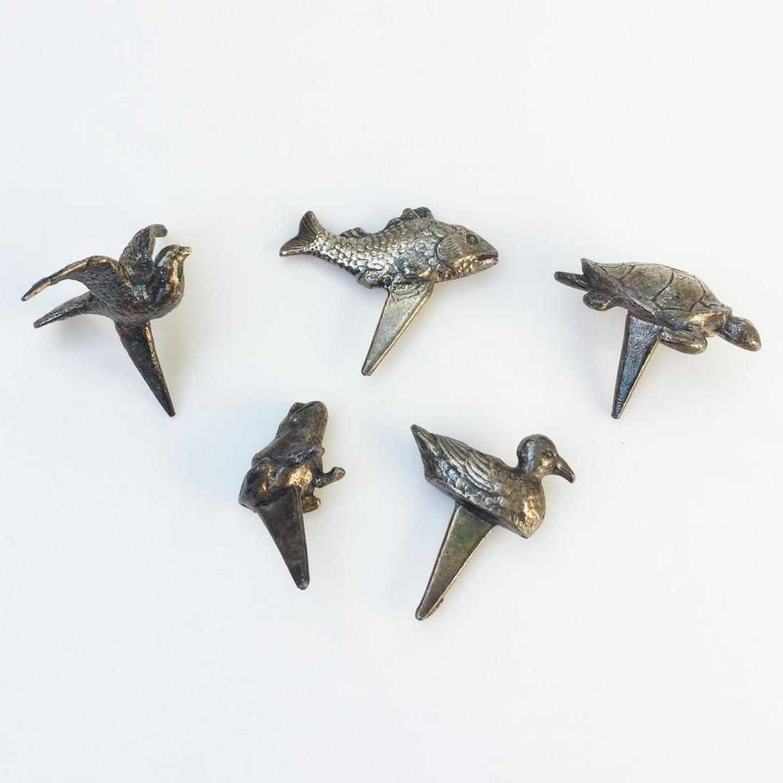 Lot of 5 Vintage silverplate cake topper candle holders: REED & BARTON Lot of 5 Vintage silverplate cake topper candle holders. Holders are Turtle, Duck, Frog, Fish, Seagull. Condition good.