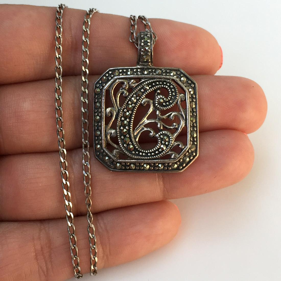Sterling silver marcasites Initial C pendant chain (1 of 4)