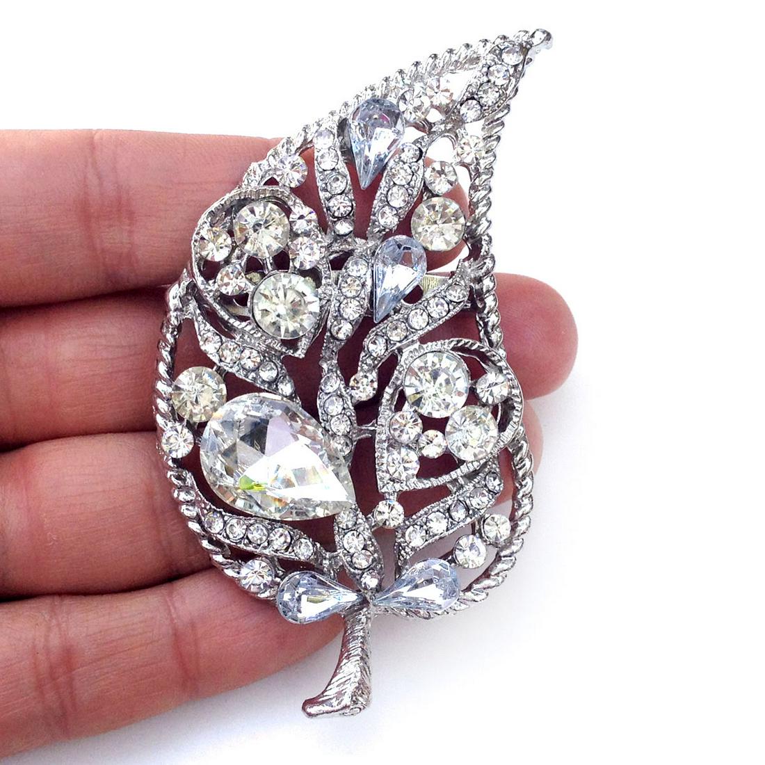 Silver tone Leaf shape brooch with clear crystals (1 of 3)