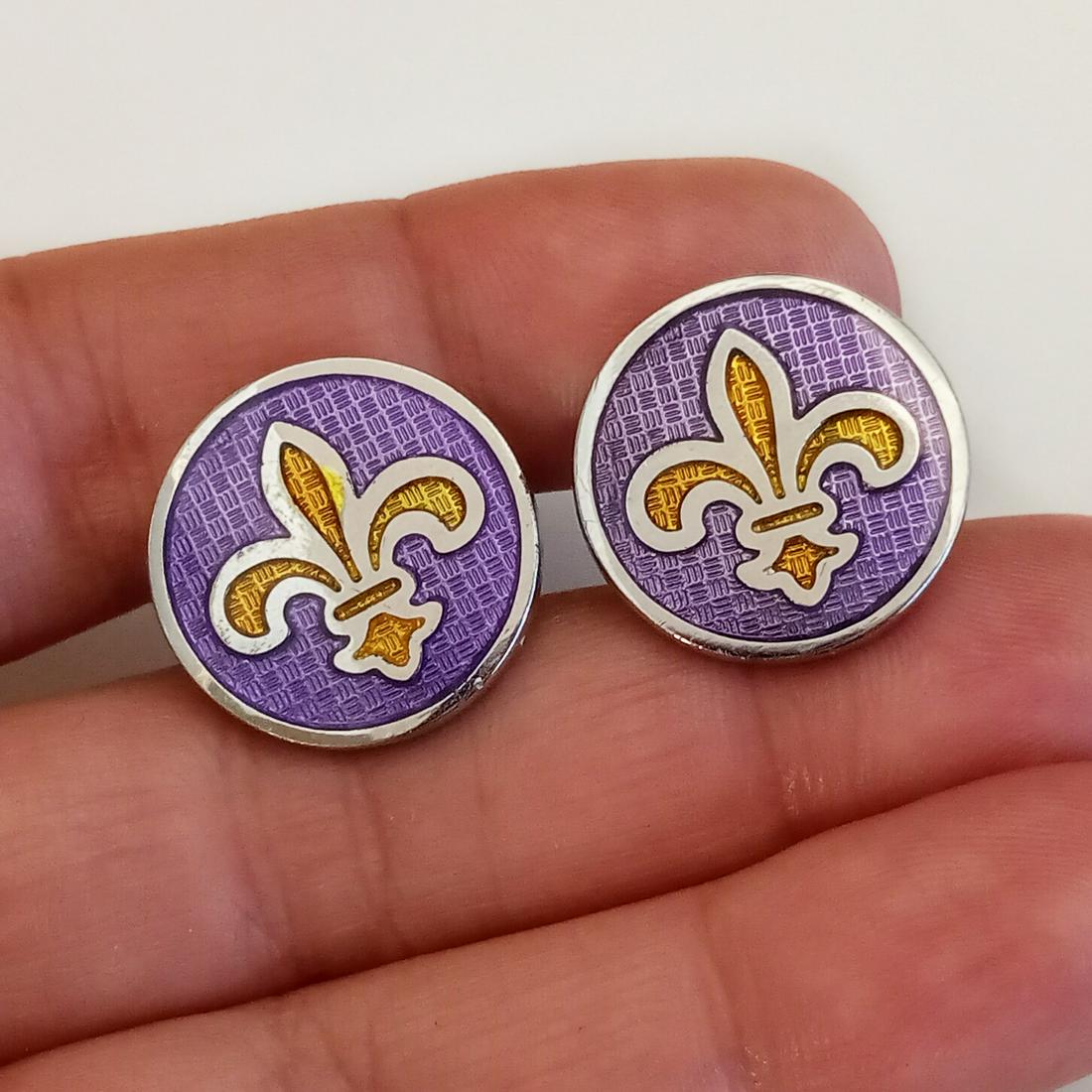 Silver tone yellow purple Flur de Lis round cufflinks (1 of 6)