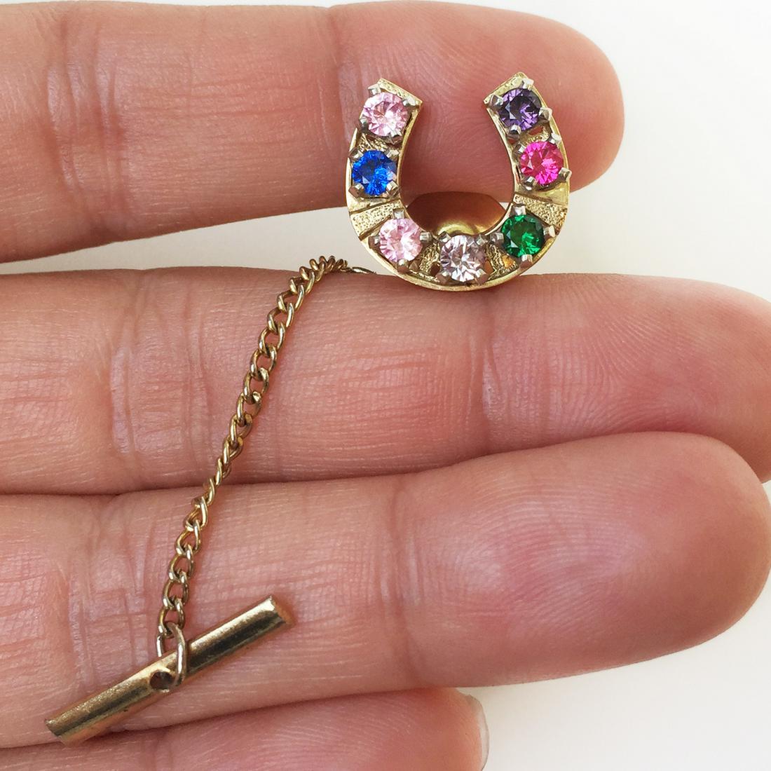 14K yellow gold multicolor stones Horseshoe tie pin (1 of 4)