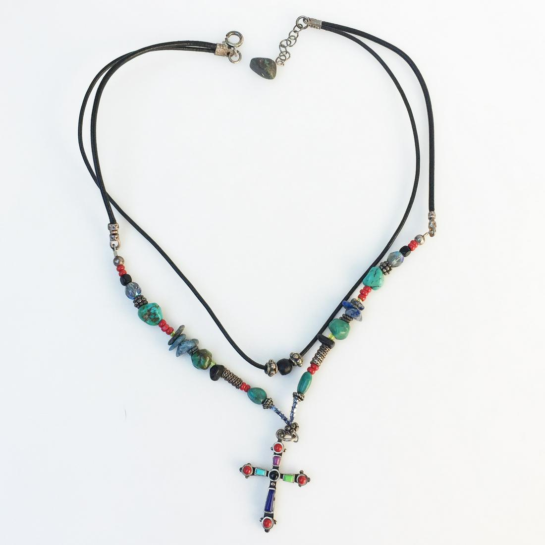 Sterling silver stones beads Cross leather necklace (1 of 3)
