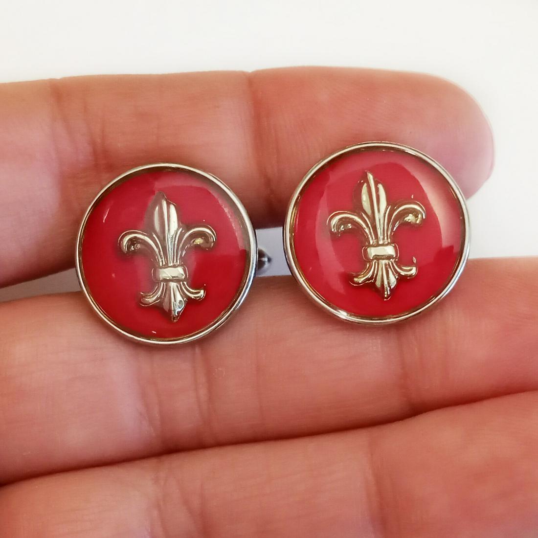 Silver tone Flur de Lis red round cufflinks (1 of 6)