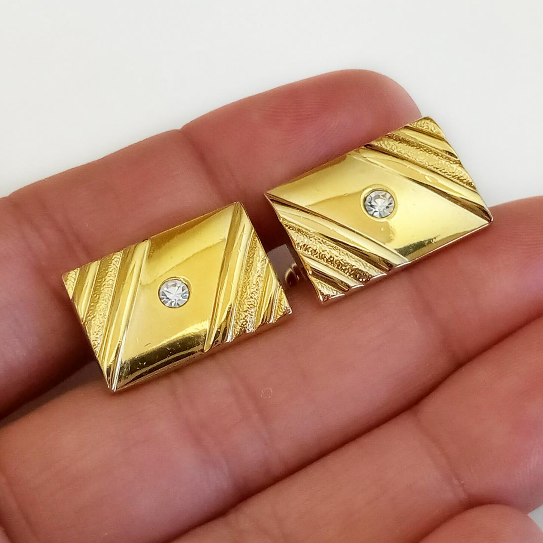 Gold tone clear crystals rectangular cufflinks (1 of 6)