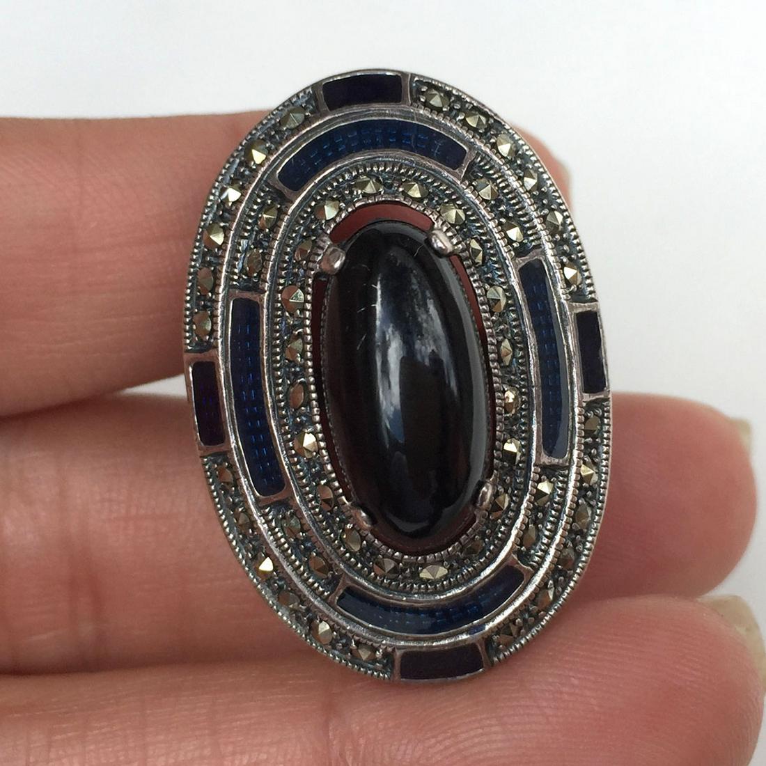 Sterling silver marcasites black onyx cab cocktail ring (1 of 5)