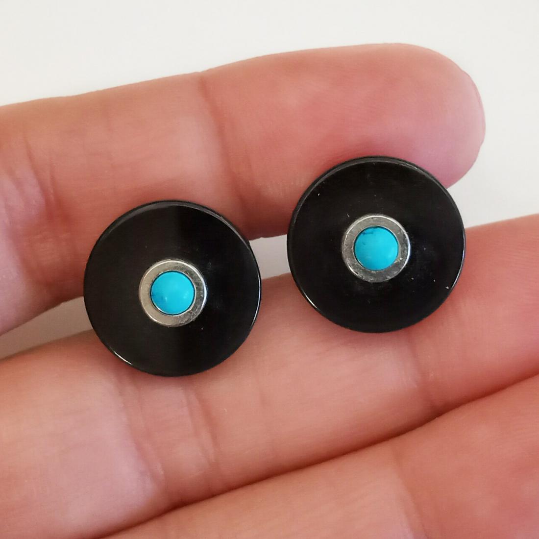 Silver tone black and turquoise color round cufflinks (1 of 6)