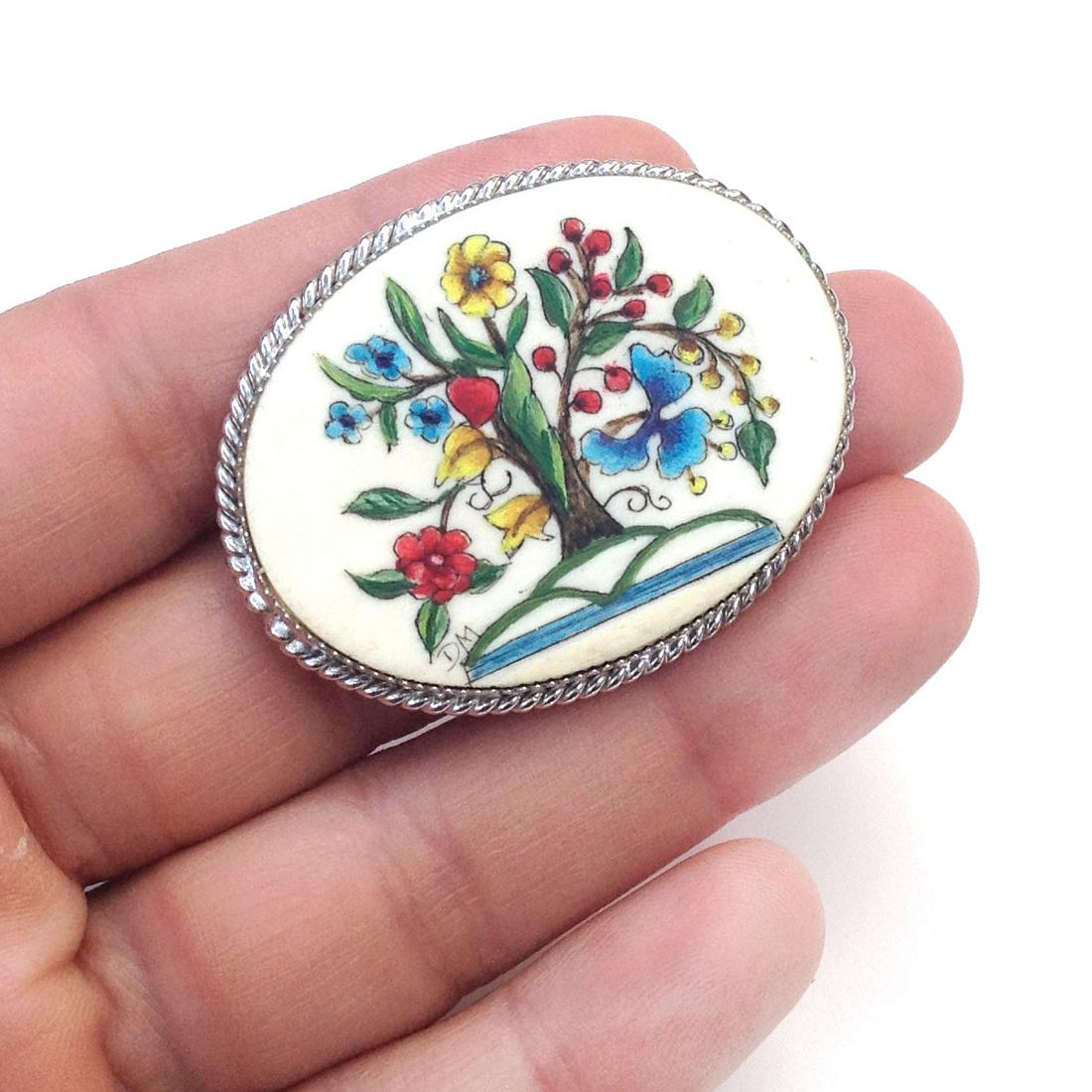 Silver tone hand painted Flower Tree brooch signed DM (1 of 3)