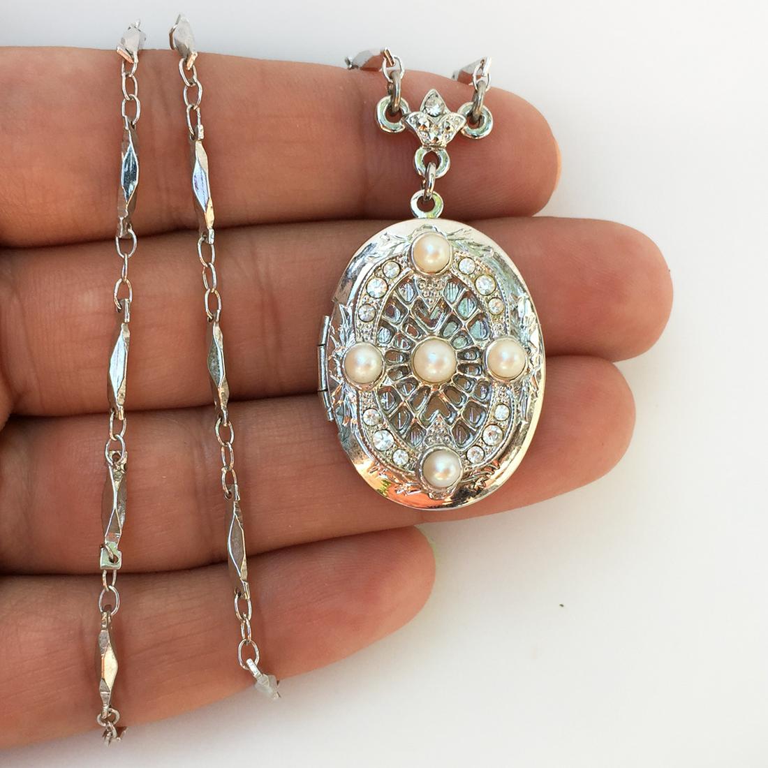 1928 Silver tone faux pearl crystals locket necklace (1 of 6)