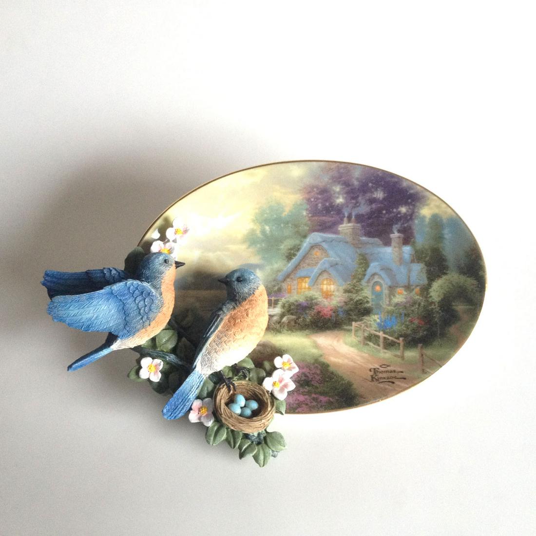 "A Loving Retreat" 3D plate blue birds: Knowles Bradford Exchange Collectible "A Loving Retreat" in "Home is where the heart is plate collection" by Thomas Kinkade fine china hanging decorative 3D art plate with blue birds #A1623. "A loving