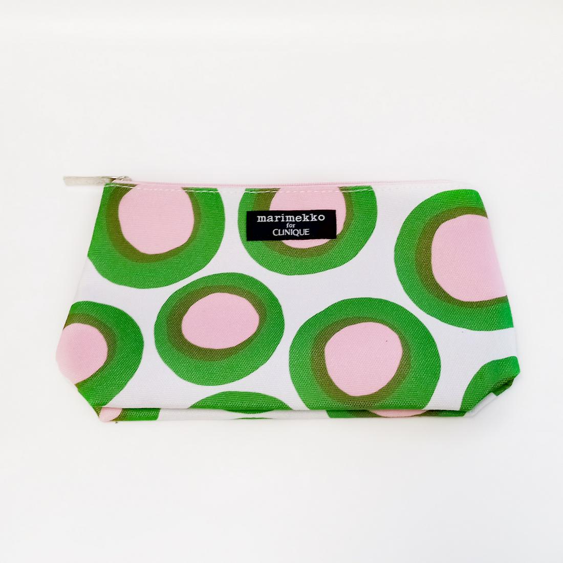 MARIMEKKO by CLINIQUE pink green white make up bag: MARIMEKKO by CLINIQUE pink and green circles white make up bag. Measured 8 1/2 x 5 1/2 x 2 1/2 inches. Condition excellent.