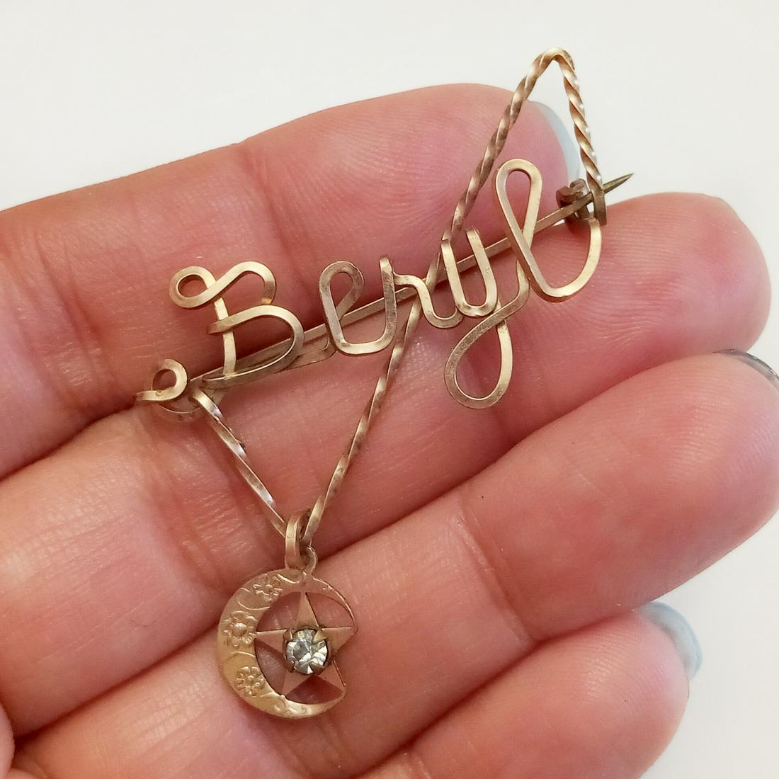 Rose gold tone BERYL dangling Crescent Star brooch (1 of 3)