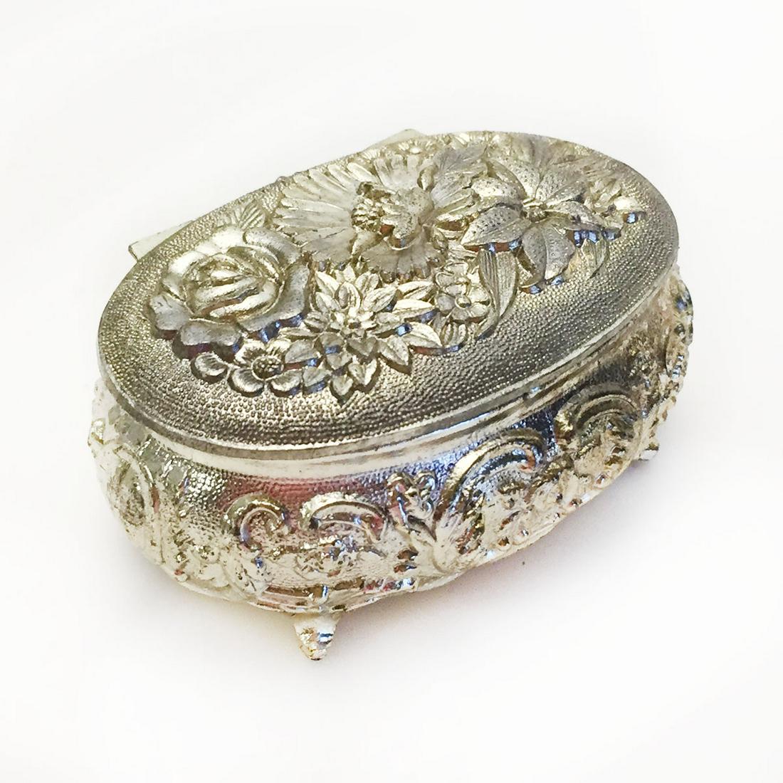 Silver-gold tone Flowers oval trinket jewelry box (1 of 8)