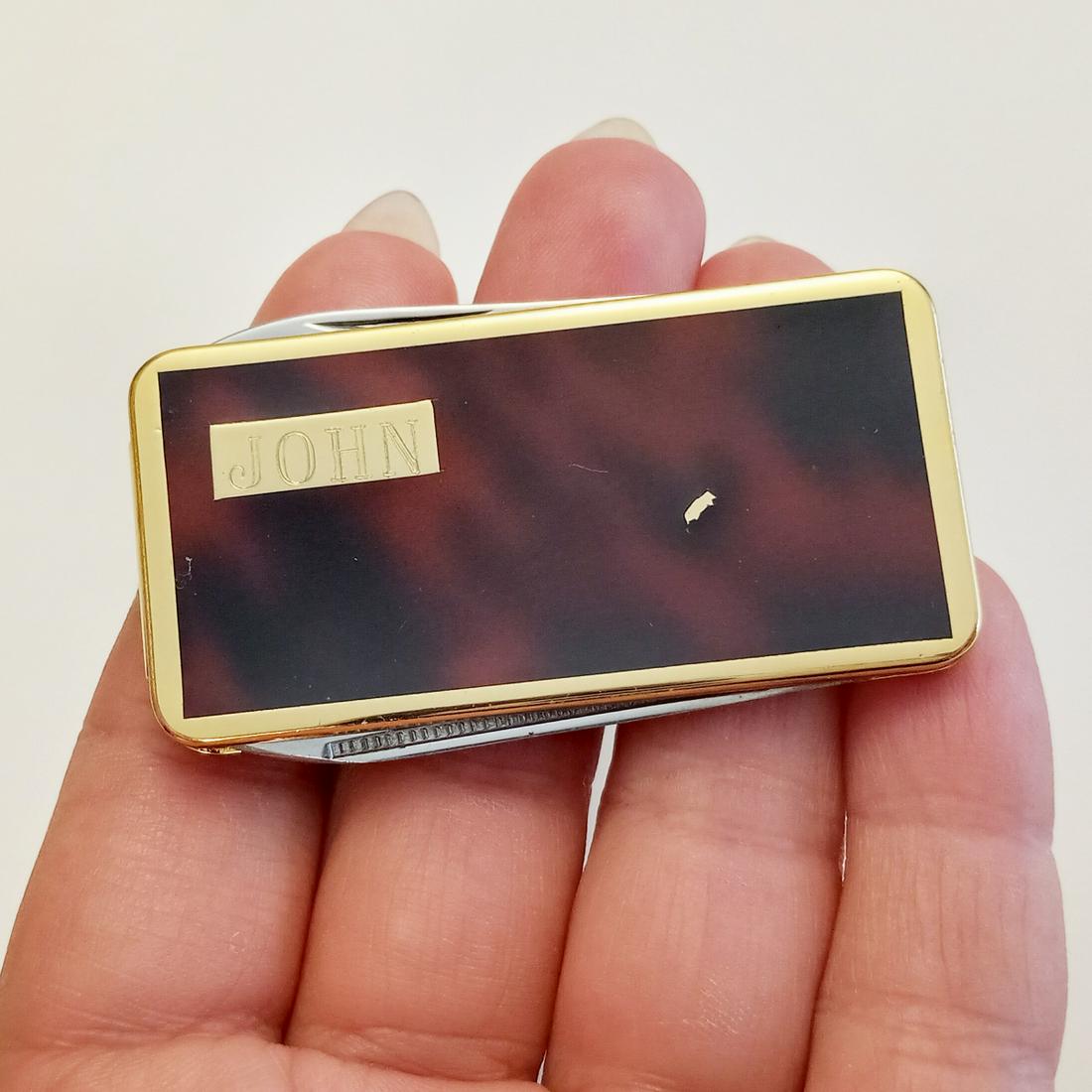 Gold tone brown finish JOHN money clip folding knife (1 of 5)