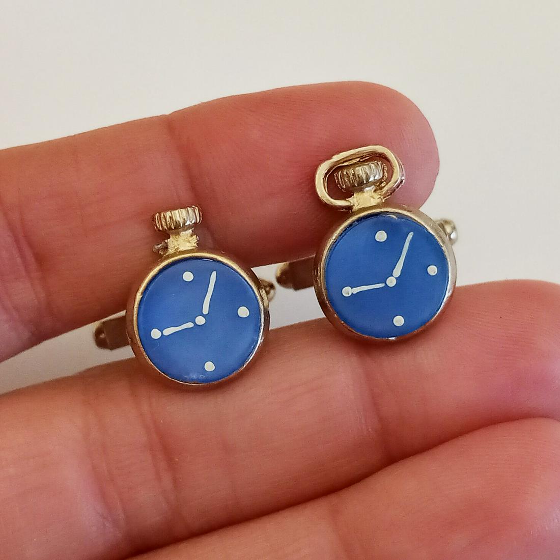 Vintage gold tone blue dial watch shape cufflinks (1 of 6)