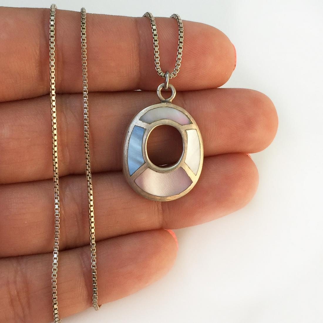Sterling silver pink blue MOP inlay pendant chain (1 of 4)
