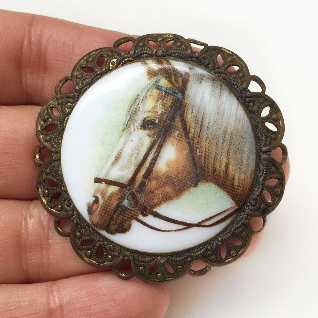Bronze and gold tone textured Horse head round brooch (1 of 3)