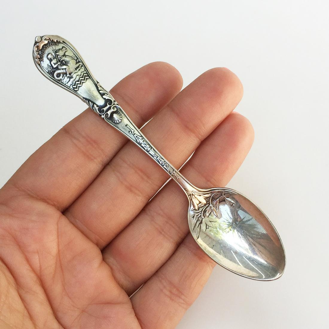 Collectible sterling silver Aquarius zodiac spoon: Collectible sterling silver January Aquarius zodiac spoon. Weight approximately 12 grams. Hallmarked Sterling. Length 4 1/2 inches. Condition very good.