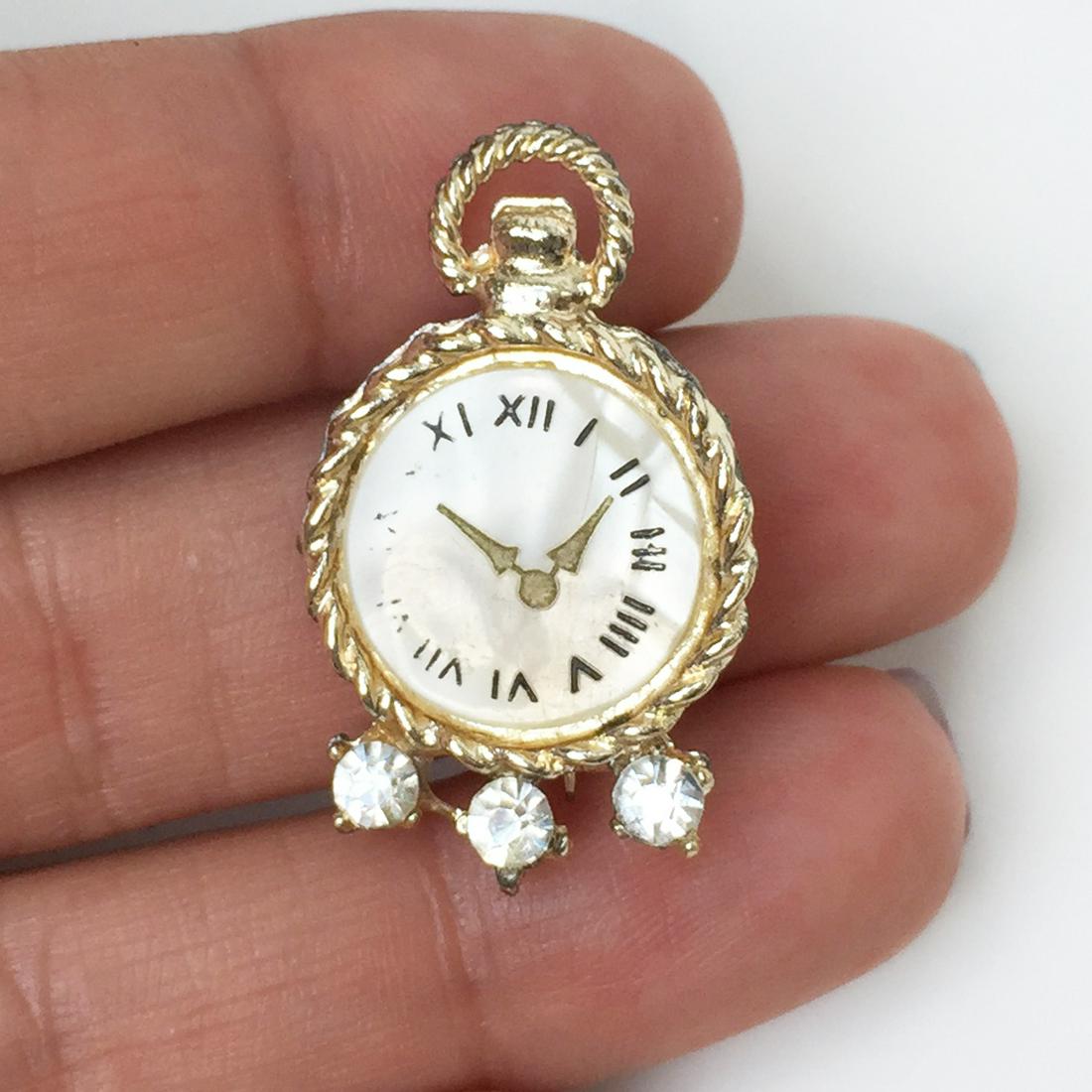 Gold tone clear crystals iridescent dial clock brooch (1 of 3)