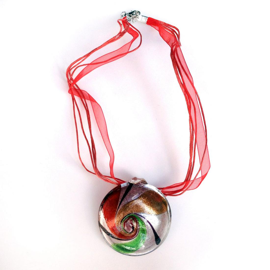 Gold red green glass pendant ribbon cord necklace (1 of 3)