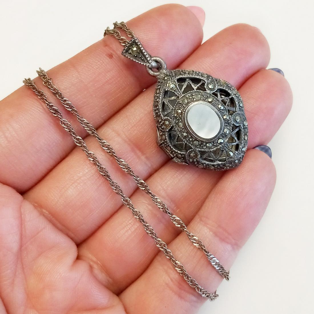Sterling silver MOP marcasites locket pendant chain (1 of 6)