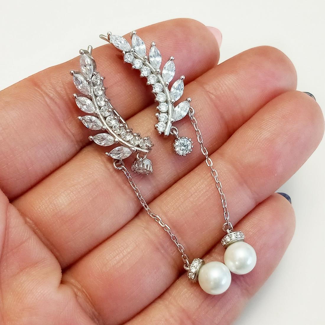 Sterling silver rhinestones faux pearl climber earrings (1 of 4)