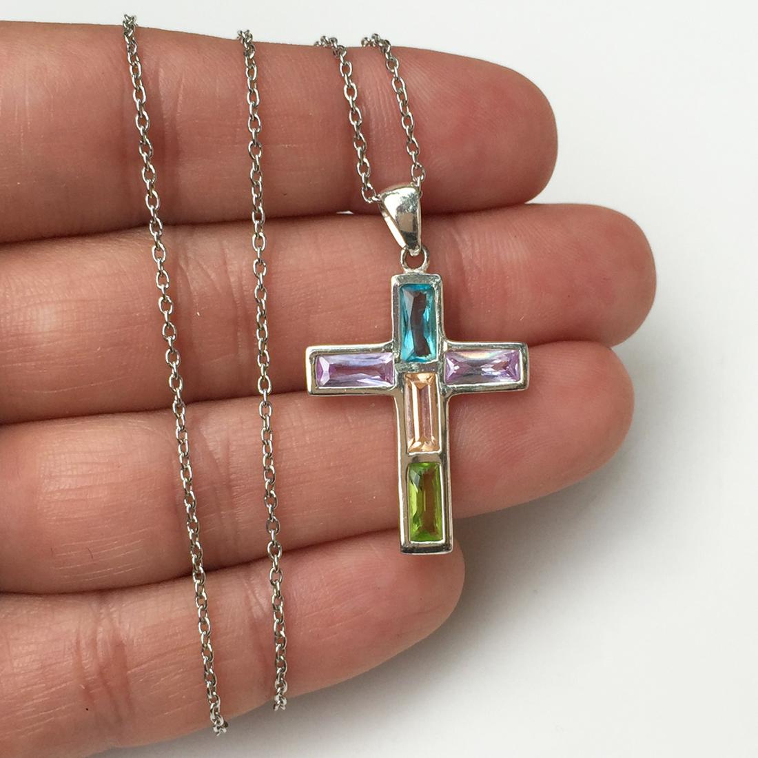 Sterling silver multicolor crystals cross pendant chain (1 of 4)