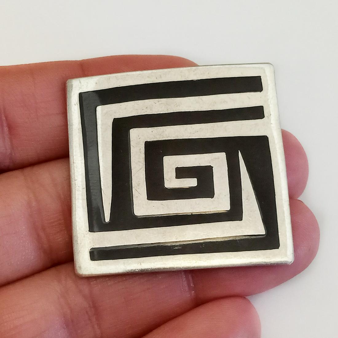 Sterling silver black enamel inlay square spiral brooch (1 of 3)