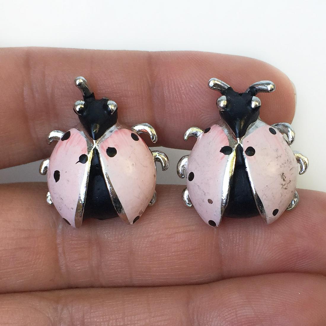 SWANK Vintage silver tone pink black Ladybug cufflinks (1 of 7)