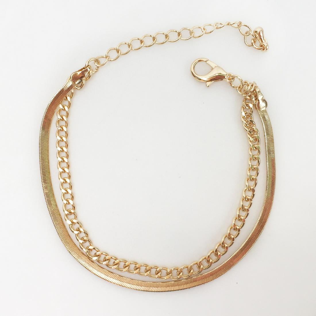 Gold tone curb and flat snake chain anklet: Gold tone curb and flat snake chain anklet. Length 7 1/2 + 2 inches. Condition excellent.