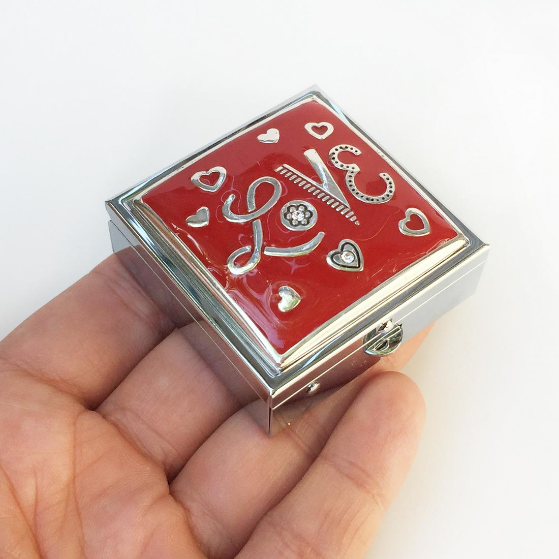 Silver tone red enamel LOVE square mint pill box: BRIGHTON Silver tone red enamel, crystals, hearts LOVE design square shape mint pill box with mirror. Measured 1 3/4 x 1 3/4 inches. Hallmarked Brighton. Condition very good.