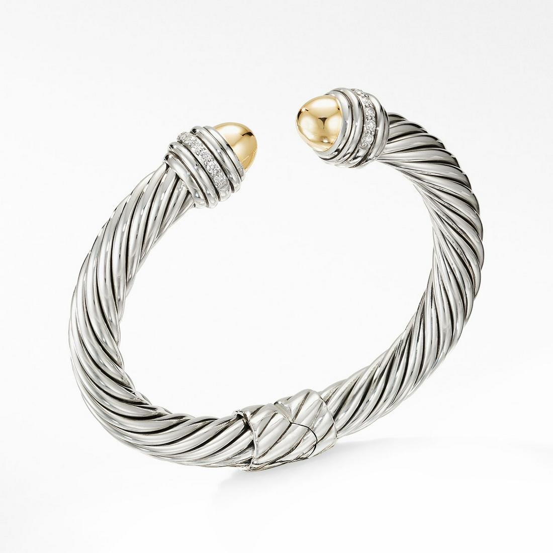 DAVID YURMAN Strg silver 18kt gold diamond bracelet MED: DAVID YURMAN Sterling silver 9 mm cable bracelet with bonded 18kt yellow gold domes and diamonds. Weight 45.4 grams. 18 diamonds total weight approx. 0.50 ct. Hallmarked D.Y. 925 750. Bracelet with hi