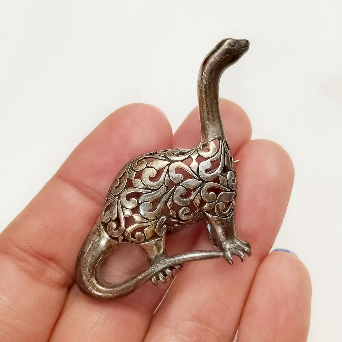 Jezlaine Vintage Sterling Silver Dinosaur Brooch Signed