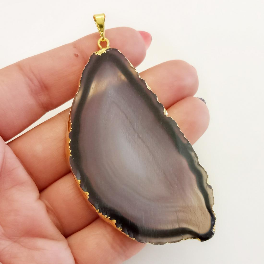 Gold tone Gray Agate free shape slice pendant (1 of 4)