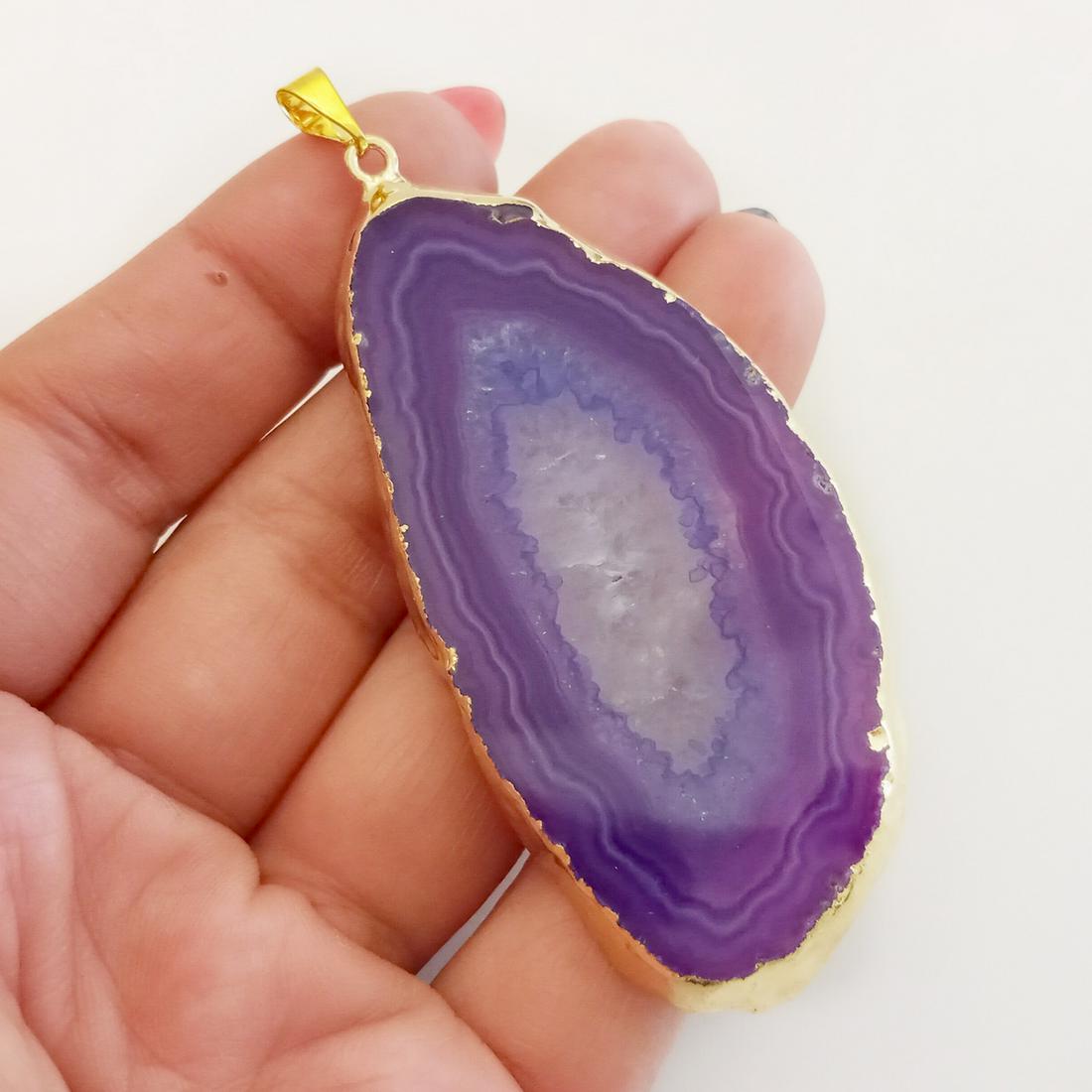 Gold tone bright Purple Agate free shape slice pendant (1 of 4)