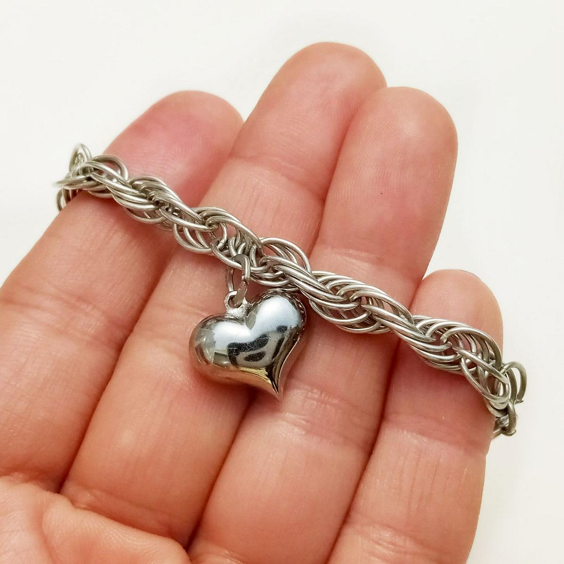 Sterling silver twisted Rope chain heart charm bracelet (1 of 2)