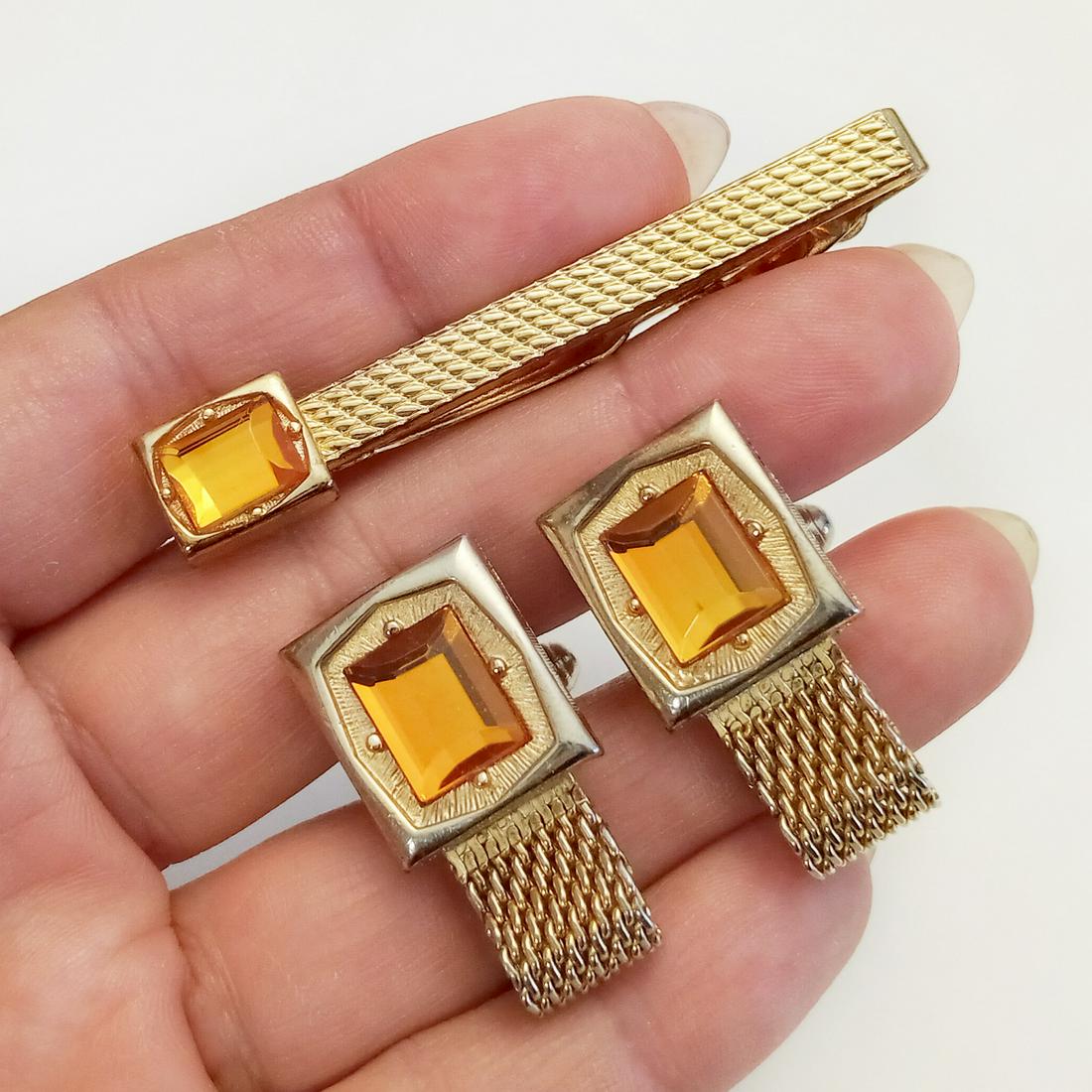 SWANK Gold tone citrine color cufflinks tie clip set (1 of 9)