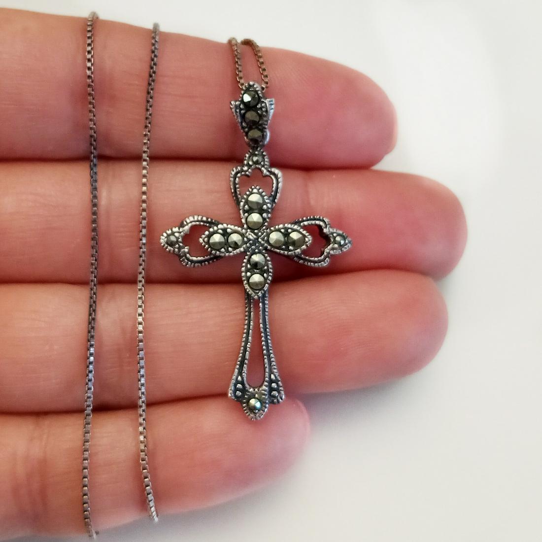 Sterling silver marcasites Cross pendant chain necklace (1 of 4)