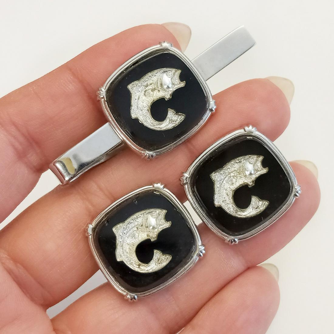 Silver tone, black, Fish accent cufflinks tie clip set (1 of 9)