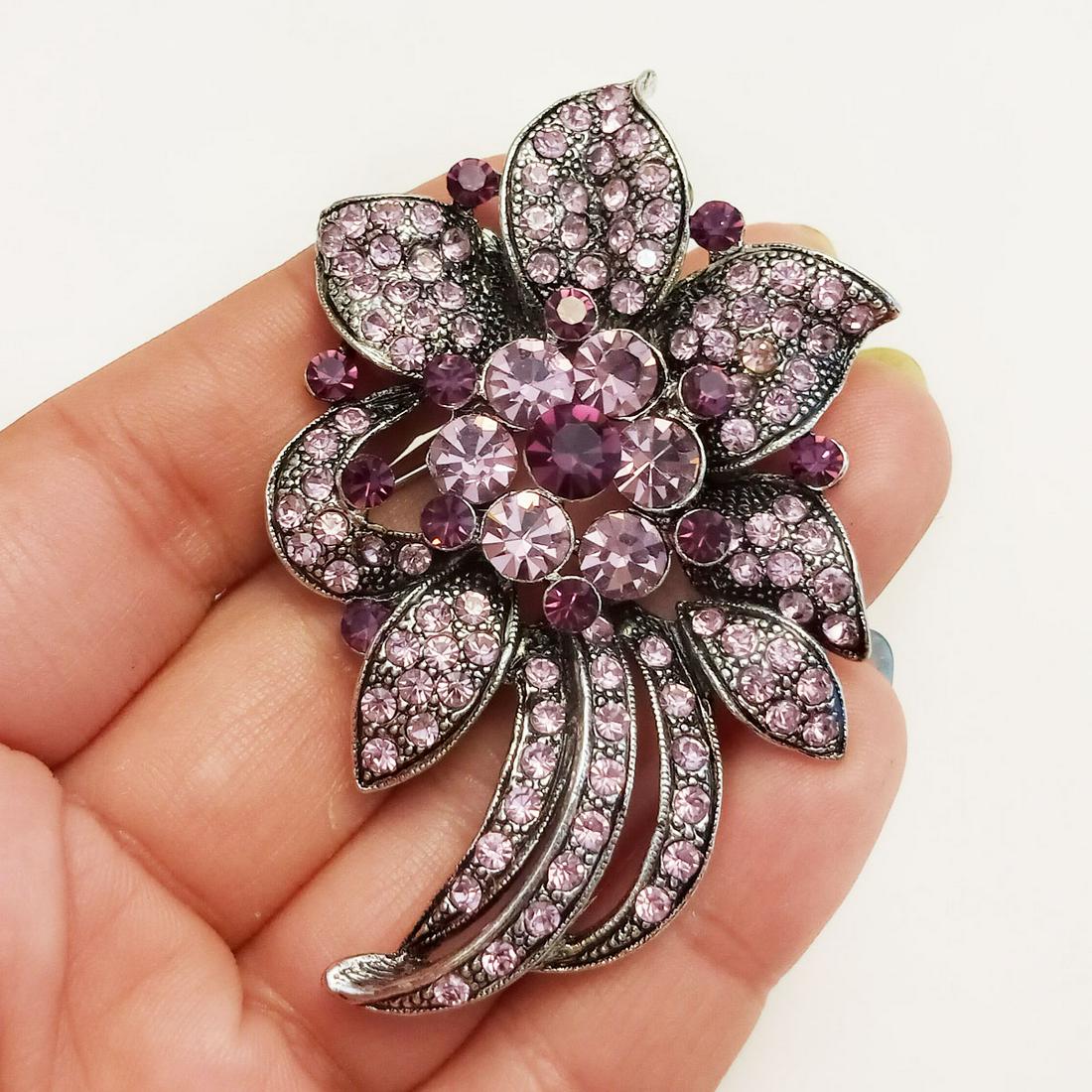 Black silver tone purple pink rhinestones Flower brooch (1 of 3)