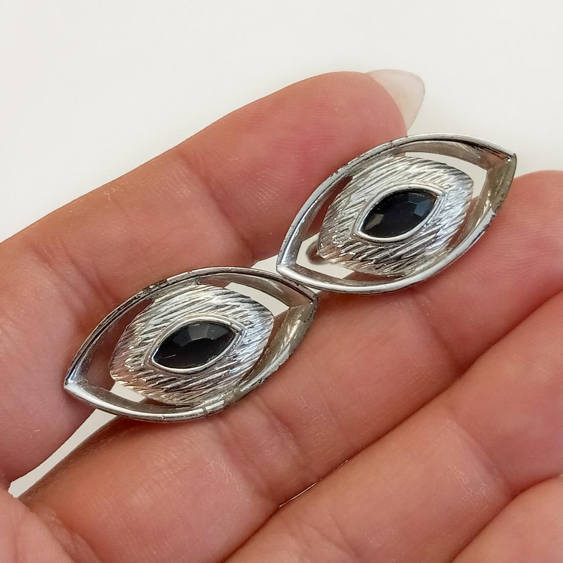 Silver tone marquise black rhinestone cufflinks (1 of 6)