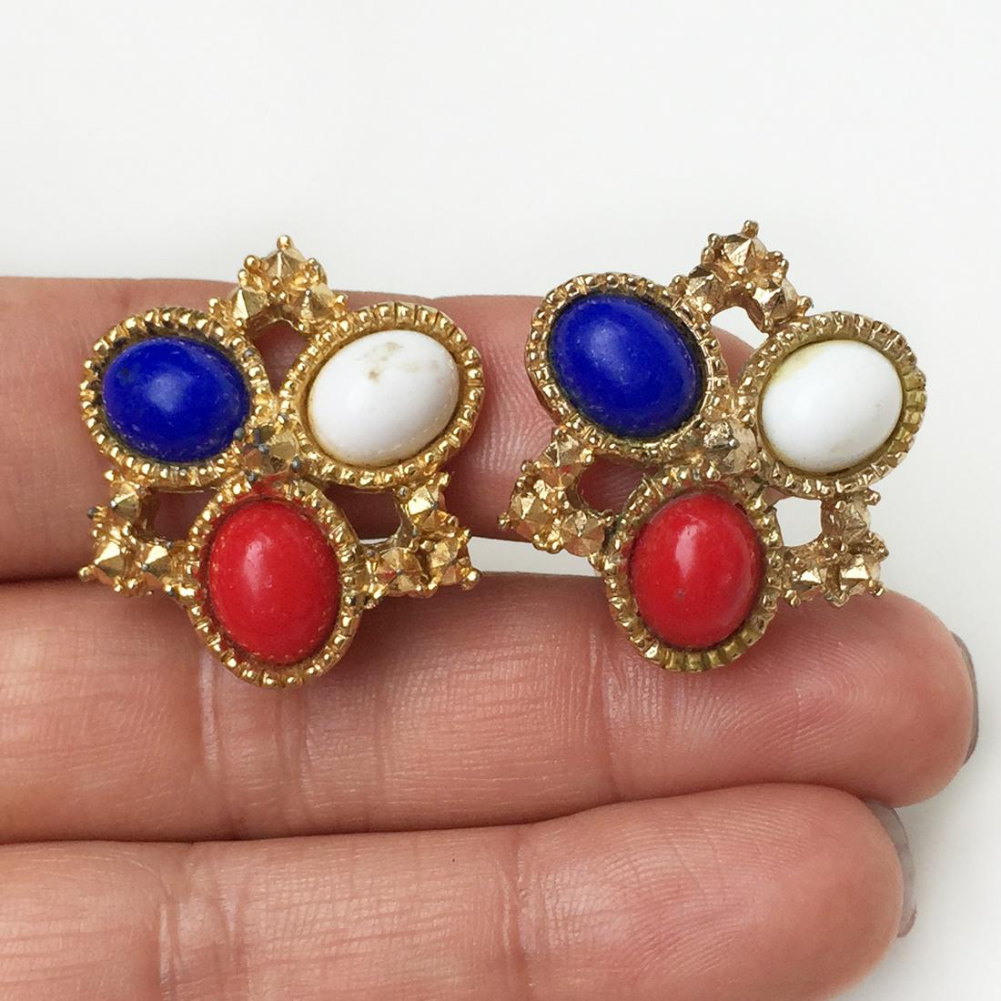 SARAH COV Gold tone red white blue cab ear clips (1 of 3)