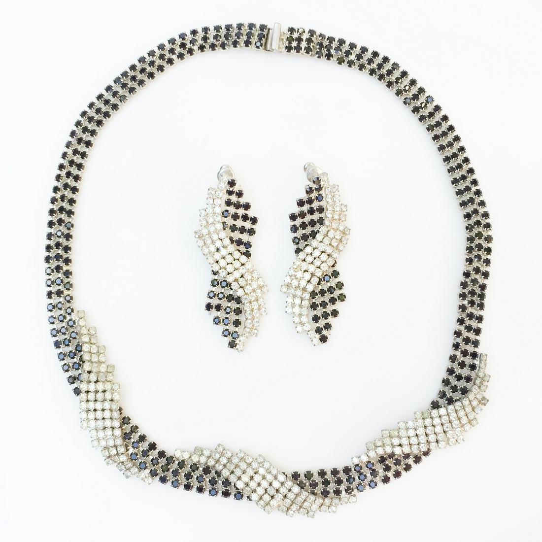 Silver tone black, clear crystals necklace earrings set (1 of 4)