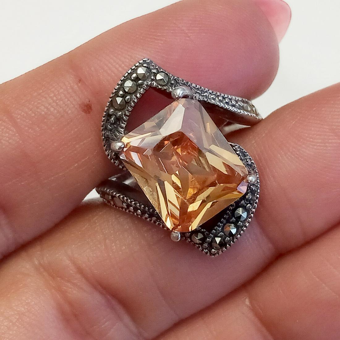 Sterling silver marcasites, peach color CZ ring (1 of 6)
