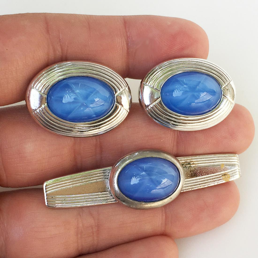 ANSON Silver tone blue cat eye color cufflinks tie clip (1 of 8)